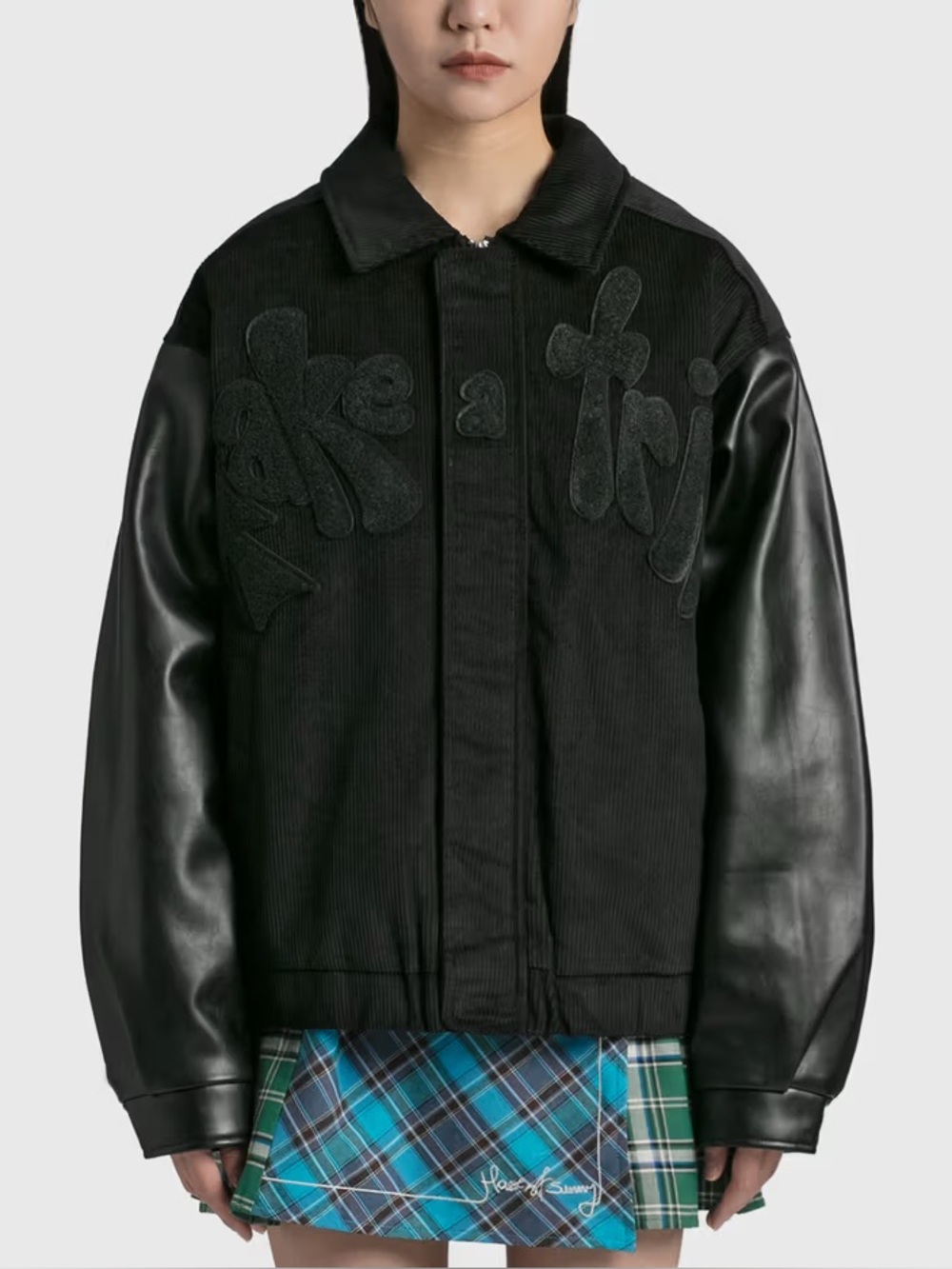 House of Sunny Take & Trip Black Corduroy and Leather Bomber Jacket